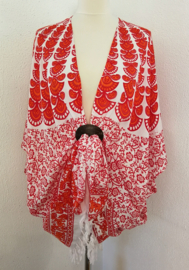 Sarong vest pauw, rood/wit/oranje. Maat 36 t/m 50.