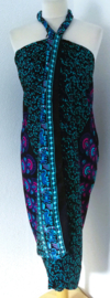 Sarong pauw, turquoise/zwart/multi.  Symbool van onsterfelijkheid.