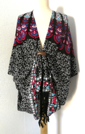 Sarong vest pauw, zwart/multi. Symbool van onsterflijkheid. 100% rayon, met sarong knoop.