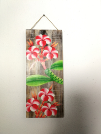 Houten wandpaneel  Frangipani rood/wit. 30,5 x 30,5 x 4 cm. Handwerk uit Ubud, geschilderd op juthout.