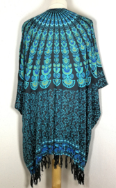 Sarong vest pauw zwart/blauw/multi. Symbool van onsterflijkheid. 100% rayon, met sarong knoop.