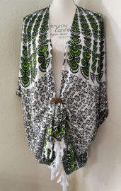 Sarong vest pauw, appelgroen/wit/zwart. Maat 36 t/m 50.