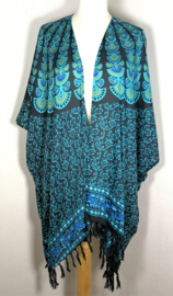 Sarong vest pauw zwart/blauw/multi. Symbool van onsterflijkheid. 100% rayon, met sarong knoop.