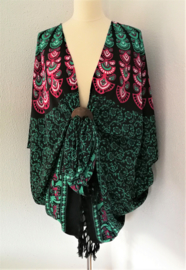 Sarong vest pauw, groen/zwart/multi. Symbool van onsterfelijkheid. 100% rayon, met sarong knoop.