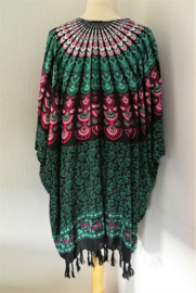 Sarong vest pauw, groen/zwart/multi. Symbool van onsterfelijkheid. 100% rayon, met sarong knoop.