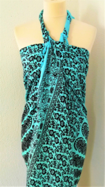 Sarong pauw, turquoise/zwart. Symbool van onsterfelijkheid.