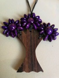 Halsketting Frangipani boom paars.  Houten kralen met palisander stam. Lengte koord tot max. 76 cm. Verstelbaar.
