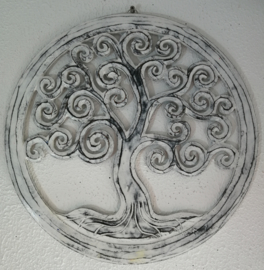 Tree of life vintage wit. Schitterend Balinees houtsnijwerk. Diameter 40 cm. Met ophanghaakje.