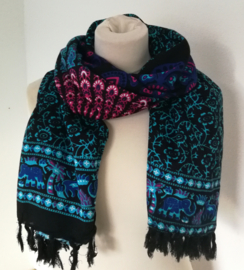 Sarong pauw, turquoise/zwart/multi.  Symbool van onsterfelijkheid.