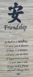 Spreukdoek Friendship. Op jute geverfd. Afmeting 36 x 98 cm.