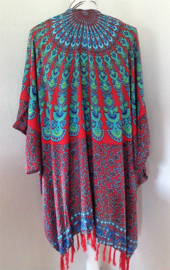 Sarong vest  pauw rood/blauw/groen. Symbool van onsterfelijkheid. 100% rayon, met sarong knoop.