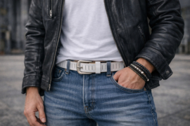 Witte leren heren riem met gleufjes 3 cm breed