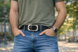 Witte Leren Herenriem 4 cm Ronde Zilveren Gesp