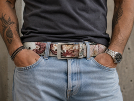 Leren riem dames en heren 4 cm – met vintage crackle flowerprint – uniek & stijlvol