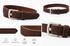 Leren dames en heren riem bruin met gleufjes 3 cm breed