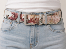 Leren riem dames en heren 4 cm – met vintage crackle flowerprint – uniek & stijlvol