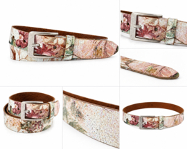 Leren riem dames en heren 4 cm – met vintage crackle flowerprint – uniek & stijlvol