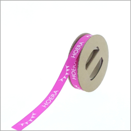 Satijn lint – Hoera – pink – 15 mm x 25 meter