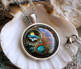 Pendant on Necklace: Steampunk Style Raven - 36mm - Antique Silver tone
