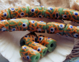 set/3 Krobo TRADE BEADS - Handelskralen uit Ghana - Glas - ca 13-15x9 mm - Groen Geel Kobalt-Blauw