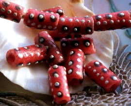 set/3 Krobo TRADE BEADS - Handelskralen uit Ghana - Glas - ca 14-15 mm - Framboos-Rood Wit Bruin