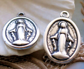 1 Double-Sided Charm: Mary - Sacred Heart- 25 mm - Antique Silver Tone