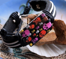 Bracelet: Skulls on Mother of Pearl - Genuine Leather, Cord & Shell - Punk Rock