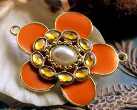 Enamel Pendant/Connector: Flower - 50x41 mm - Orange+Amber+Pearl+Gold-Tone