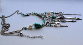 Boho Ibiza Necklace: Beads & Arrows - Antique Silver & Turquoise tone