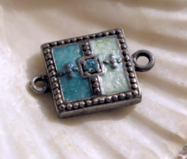 1 Connector: Enamel & Crystal - 22x14 mm - Dark Antique Silver tone - Aqua