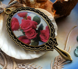 Mirror-Shaped Pendant: Roses - 73 mm - Antique Brass/Bronze tone