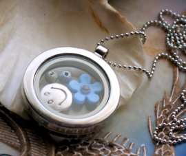 Memory Locket + Ball Chain Necklace. With Content:  Light Blue + Smiley