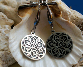 Pair of Earrings: LOTUS Flower with Aum Mantra - Silver and Black