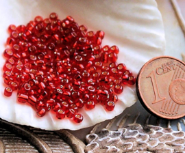 set/200+ beads: Spacer Glass - Tiny 2x2 mm - 12/0 - Red Silver