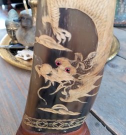 Large Vintage Waterbuffel Horn - with detailed engraved Chinese Dragon