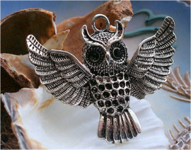 Large Pendant: Owl - 51 mm - Antique Silver tone + Black