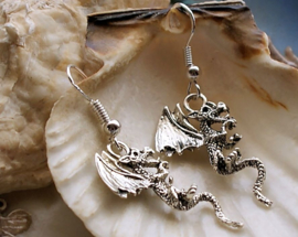 Pair of Earrings: 3D Dragon - Antique Silver Tone - 40 mm