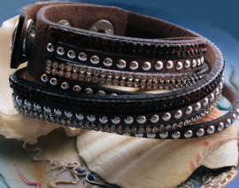Double 4-string Wrap Bracelet -  Brown - Faux leather with Silvertone & Strass decoration