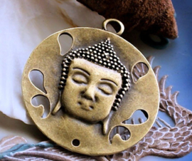 Large Pendant: Buddha - 48x43 mm - Antique Brass/Bronze Tone