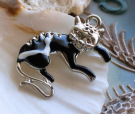 Pendant: Cat -  35x23 mm - Enamel on Metal in Black & White