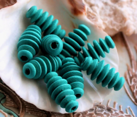 set/10 beads: Wood - Tabular Twist - 17x9 mm - Turquoise Matte