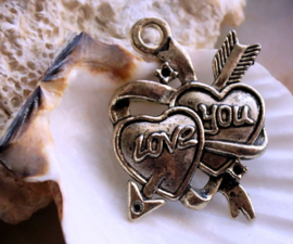 Pendant: Heart - Traditional Tattoo - Love You - 37 mm - Antique Silver tone