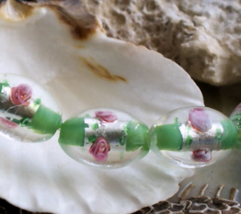 1 Lampwork Silverfoil Kraal - ROOS - Taps - 16x11 mm - Groen Zilver Roze