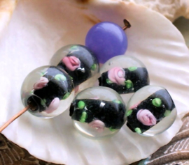 set/3 Mooie Lampwork Kralen - ROOS - Rond - 12 mm - Zwart