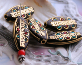 1 Prayerbead from Nepal: Mantra - 30 mm - Black Coral Turquoise