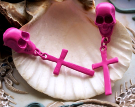 Pair of Earrings: Skull & Cross - Pink - 47 mm long - Coated Metal