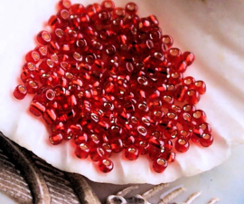 set/200+ beads: Spacer Glass - Tiny 2x2 mm - 12/0 - Red Silver