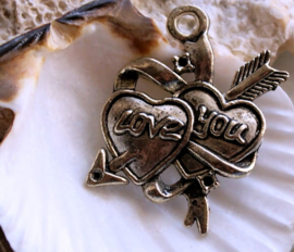 Pendant: Heart - Traditional Tattoo - Love You - 37 mm - Antique Silver tone