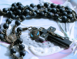 Antique French Rosary with Mary medal from Lourdes - Black