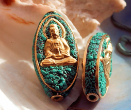 1 Prayerbead from Nepal: Buddha - 32 mm - Turquoise and Gold tone